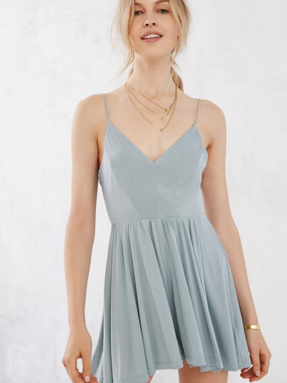 WYLDR Dusty Blue Cross-Back Skater Romper XS Revolve